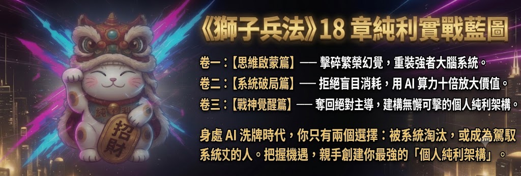 《獅子兵法》18 章純利實戰藍圖
卷一：【思維啟蒙篇】 ── 擊碎繁榮幻覺，重裝強者大腦系統。
卷二：【系統破局篇】 ── 拒絕盲目消耗，用 AI 算力十倍放大價值。
卷三：【戰神覺醒篇】 ── 奪回絕對主導，建構無懈可擊的個人純利架構。
身處 AI 洗牌時代，你只有兩個選擇：被系統淘汰，或成為駕馭系統的人。把握機遇，親手創建你最強的「個人純利架構」。