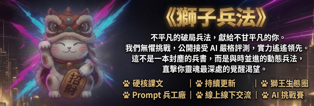 《獅子兵法》
不平凡的破局兵法，獻給不甘平凡的你。
我們無懼挑戰，公開接受 AI 嚴格評測，實力遙遙領先。
這不是一本封塵的兵書，而是與時並進的動態兵法，直擊你靈魂最深處的覺醒渴望。
硬核課文 ｜ 持續更新 ｜ 獅王生態圈 ｜ Prompt 兵工廠 ｜ 線上線下交流 ｜ AI 挑戰賽 
